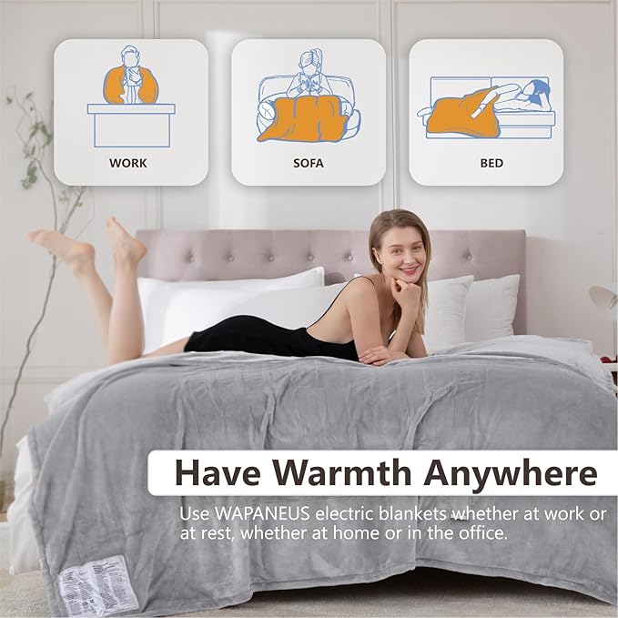 Wapaneus Heated Blanket Electric Queen Size 84"x90"-Dual Control with 10 Heat Levels 12 Timer Settings and 8 Hours Auto-Shut Off,Fast-Heating Electric Blanket,ETL Listed Machine Washable,Light Grey