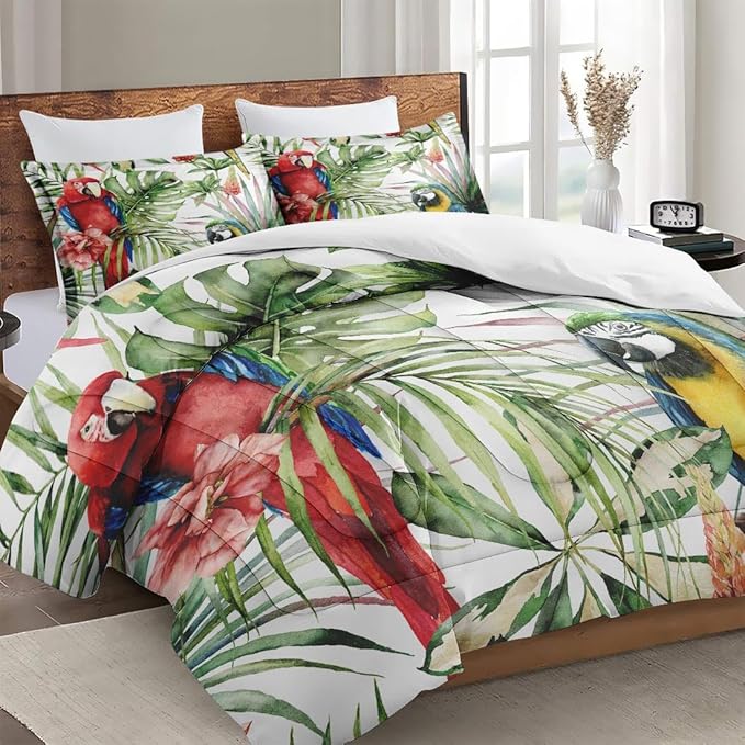 Full Size Comforter Set with 2 Pillowcases, Tropical Hibiscus Birds 3 Pcs Bedding for Kids and Adults, Flower Palm Leaf Soft Comforter Set for Bedroom Bed Decor