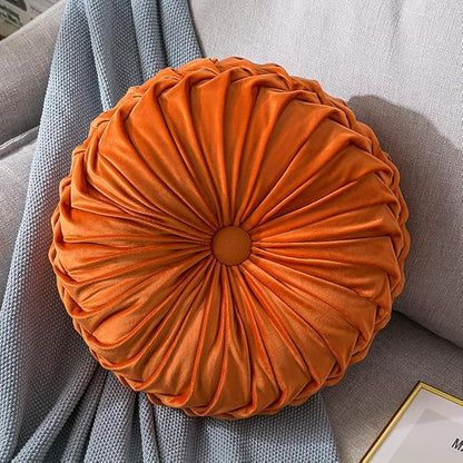 MOCOFO Round Velvet Throw Pillow, Pumpkin Shape Decorative Floor Cushion, Handcrafted Pleated Design, 14 and 16 Inch Diameter, Multiple Colors, Polyester Fill (Orange, 16")