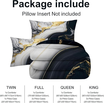 3D Marble Bedding Sets Full Size Grey White and Black Gold Bedding Set Luxury Marbling Texture Bed Set for Bedroom Decor Soft Quilt Set with 1 Comforter + 2 Pillowcases