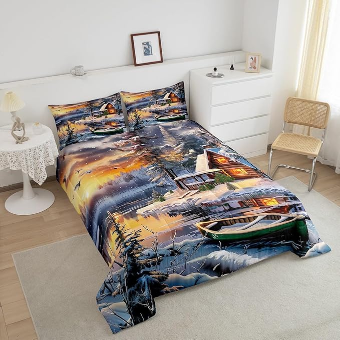 Winter Wood Cabin Comforter Set Full Size,Lake Boat and Mountain Scenery Bedding Set for Kids Teens Adult Room Decor,Snowflake Pine Tree Quilt Set Happy New Year Duvet Insert,2 Pillowcases