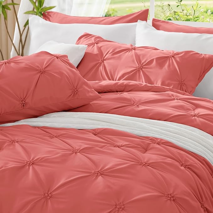 BEDELITE Coral Twin Comforter Set - 2 Peices Boho Pintuck Bedding Comforter Sets, Lightweight Soft & Warm Twin Bedding Sets with 1 Pillowcase for All Season