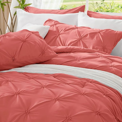 BEDELITE Coral King Size Comforter Set - 3 Pieces Boho Pintuck Bedding Comforter Sets, Lightweight Soft & Warm King Bedding Set with 2 Pillowcases for All Season