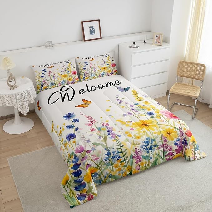 Erosebridal Wildflower Bedding Set Full Watercolor Boho Floral Comforter Set Cute Botanical Plant Bedding Comforter Sets for Kids Adults Nature Flowers Butterfly Bed Set Aesthetics Home Decor