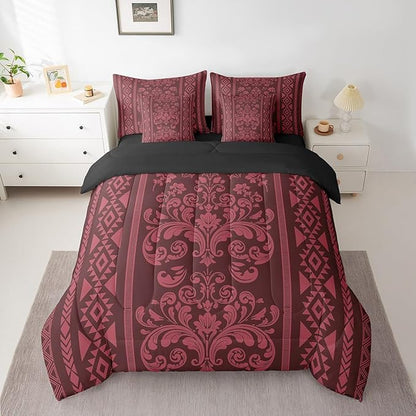 Comforter Set Full Size, Rusty Red Damask Aztec 7 Pcs Bedding for Kids and Adults, Antique Decor Western Baroque Gothic Bed Sheet Sets with Fitted Sheet 2 Pillowcases & 2 Shams for Bedroom Bed Decor