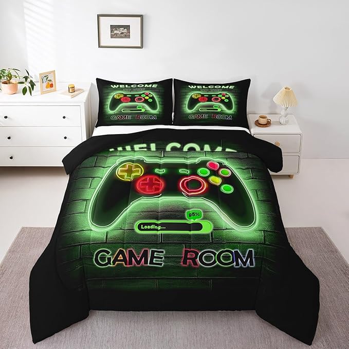 jejeloiu Green Gamer Gaming Bedding Set Toddle Size for Boys Game Console Comforter Set Kids Teens Neon Light Duvet Set Cool Game Room Decor Quilt Set 2Pcs