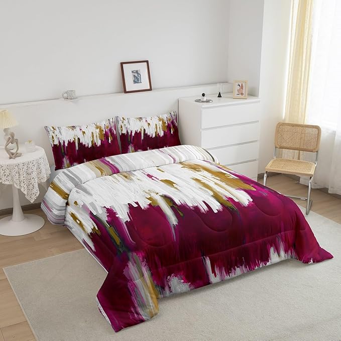 Erosebridal Abstract Graffiti Bedding King Hot Pink Comforter Set for Girls Women, Oil Painting Gradient Duvet Insert Modern Artwork Down Comforter, Ombre Brush Strokes Bedding Comforter Sets