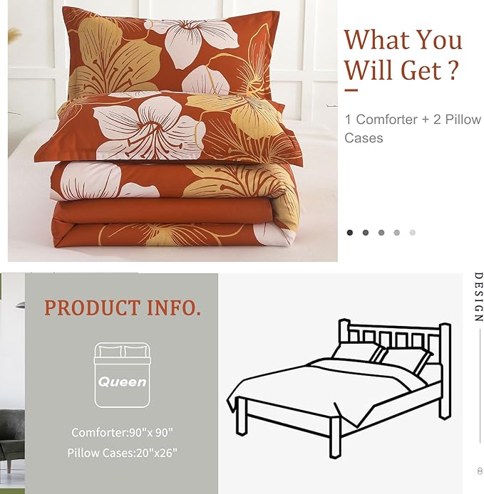 Menghomeus Burnt Orange Comforter Set Queen Gold Floral Comforter Terracotta Botanical Bedding Sets Soft Microfiber Thanksgiving Bed Comforter Set for All Season (1 Comforter, 2 Pillowcases)