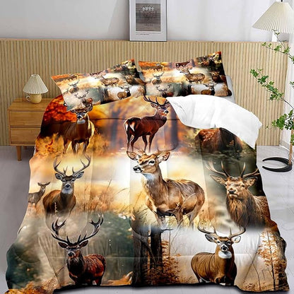 LUVIVIHOME 3PCS Rustic Deer Comforter Set Full Size, Hunting Bedding, Elk Moose Autumn Woodland Forest Animal Wildlife Camo Hunter Country Lodge Cabin Rustic Farmhouse Bedroom Decor, 2 Pillow Shams
