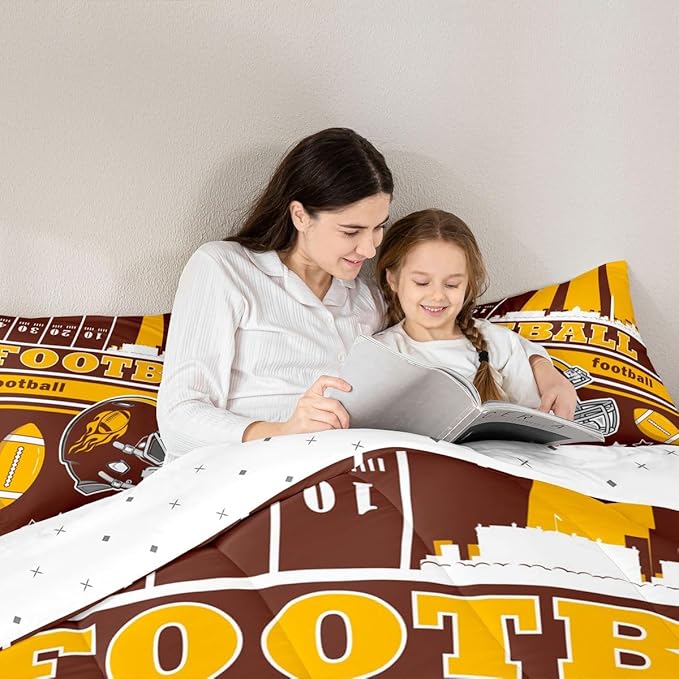 Feelyou Football Bedding Set Boys Girls Full Size Rugby Sports Comforter Set Football City Duvet Women Men Gray Brown Yellow Decor