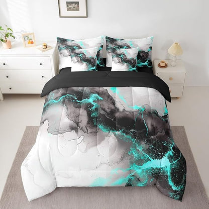 Erosebridal Black and Grey Teal Bed in a Bag 7pcs Marble Aesthetic Bedding Set, Modern Marbling Twin Size Comforter Set Watercolor Foil Print Bedding Comforter Sets, Stone Pattern Bed Set