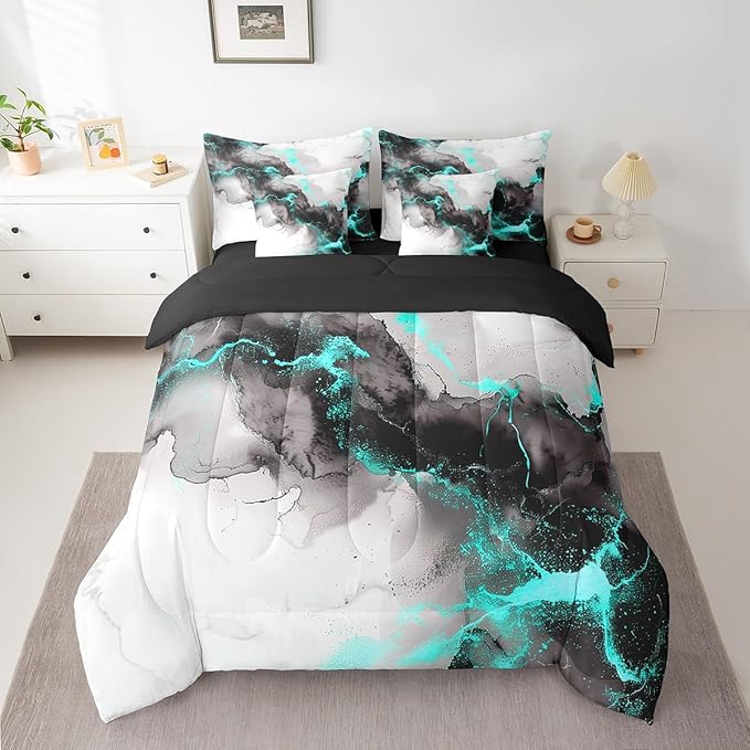 Black and Grey Teal Bedding Comforter Sets 7 Pieces Marble Aesthetic Bed in a Bag, Modern Marbling King Bedding Sets Watercolor Foil Print Comforter Set, Stone Pattern Bedding Sets & Collections
