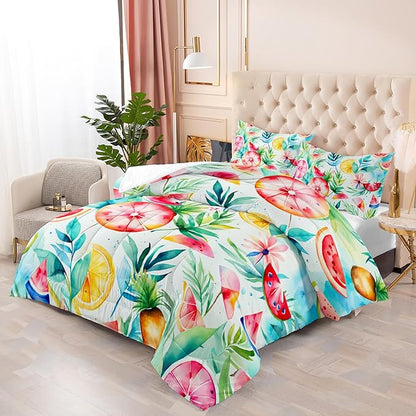Tropical Fruit Comforter Set 3 Pcs Bedding Set Queen Size for Girls,Summer Plant Leaf Watermelon Pineapple Printed Beddind Set Quilts Set Lightweight Soft Microfiber Warm All Season With 2 pillowcases