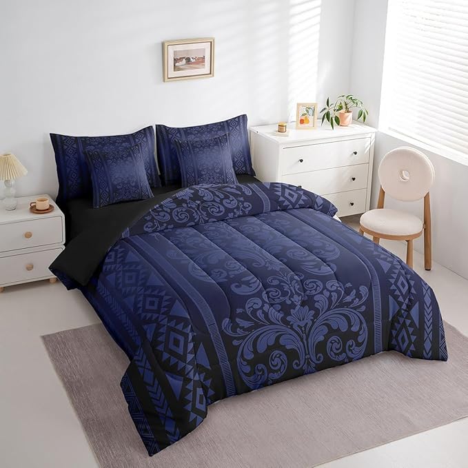 Comforter Set Twin Size, Dark Blue Aztec Damask 7 Pcs Bedding for Kids and Adults, Victorian Decor Western Baroque Goth Bed Sheet Sets with Fitted Sheet 2 Pillowcases & 2 Shams for Bedroom Bed Decor