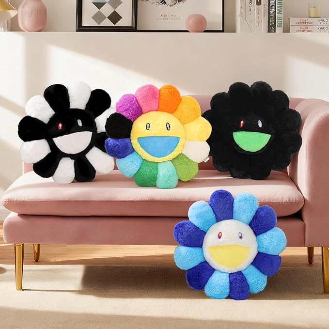 Flower Pillow,Colorful Flower Shaped Throw Pillow,Smiley Face Floor Cushions,Cute Sunflower Plush Pillows,Cute Plushie Room Decor,Valentines Day Decorative Pillows for Bed,Couch,Sofa,Car (Blue,15.7In)