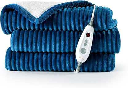 Bearhug Electric Blanket Heated Throw, 50"x60" Ribbed Flannel & Sherpa Fast Heating Blanket, 6 Heating Levels & 4H Auto Off, Over-Heat Protect, ETL, Machine Washable