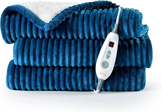 Bearhug Electric Blanket Heated Throw, 50"x60" Ribbed Flannel & Sherpa Fast Heating Blanket, 6 Heating Levels & 4H Auto Off, Over-Heat Protect, ETL, Machine Washable