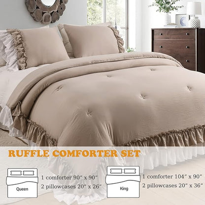 Masaca Ruffled Comforter Set Queen,Farmhouse Shabby Bedding Comforter Sets Vintage French Country Taupe and White Bedding 3PCS（1 Shabby Comforter and 2 Ruffle Pillowcases）