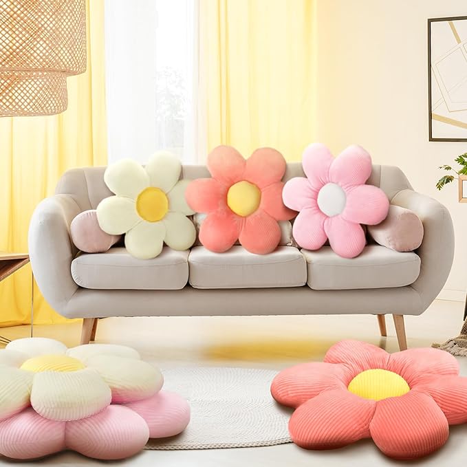Sratte 3 Pcs Flower Pillows Flower Shaped Throw Pillows Cute Daisy Plush Pillow Decorative Floor Pillow Seat Cushion for Bedroom Home Sofa Chair Couch Decor(Vivid Colors,16")