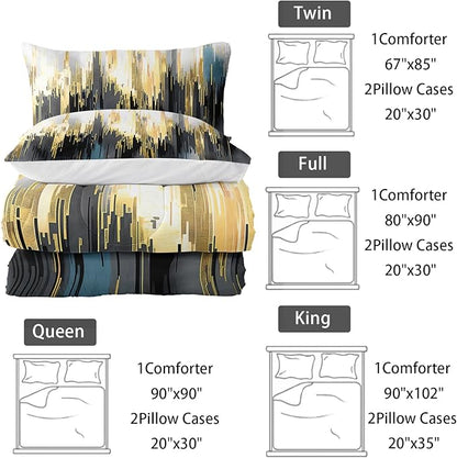 Black White Gold Gradient Color Print Comforter Set Twin Size,Abstract Art Bedding Set,Patchwork Printed Quilted Set for Teens Adult,with 1 Comforter and 2 Pillow Case