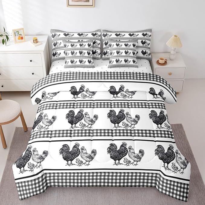 Erosebridal 7 Pcs Rooster Comforter Set Full Size,Farmhouse Animal Bed in a Bag with Flat Sheet and Fitted Sheet for Kids and Adults,Rustic Chick Family Bedding Set with Pillowcases and Cushion Cases