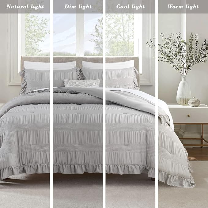 Gray Twin Comforter Set, Seersucker Vintage Comforter Ultra-Soft Light Grey Bedding Set Twin/Twin XL Size 3 Piece Set, Down Alternative Light Weight Comforter Set (Grey,Twin 68"x90")