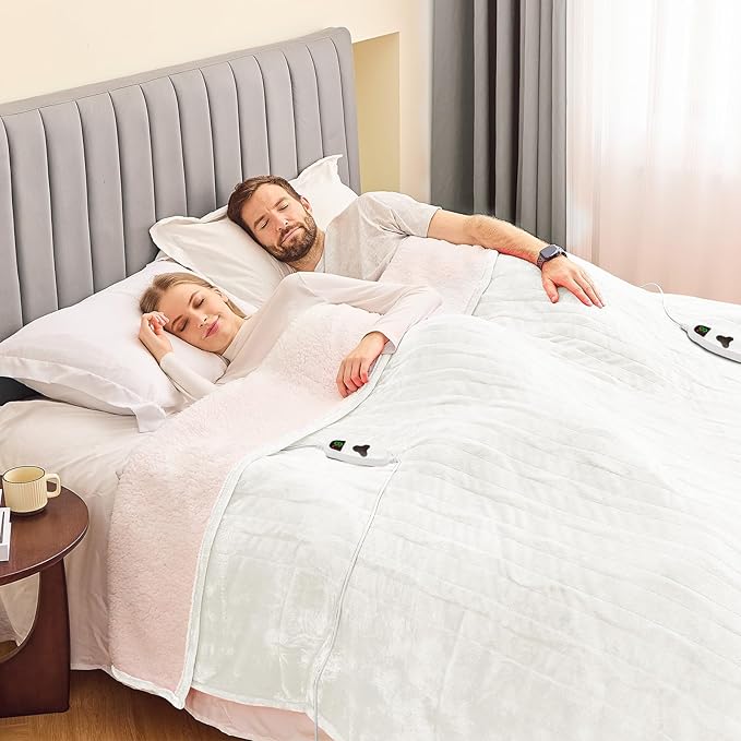 greenoak Heated Blanket Electric Queen Size 84"X90" Dual Control, Heating Blankets with 10 Levels 8 Hours Auto-Off, Soft Flannel Fluffy House Warming Gifts for Grandma Seniors Mom,Pure White