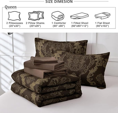 WONGS BEDDING Damask Comforter Set Queen Size, Coffee Gold Texture Design 7 Pcs Bed in a Bag Microfiber Comforter Bedding Sets -1 Comforter, 1 Flat Sheet, 1 Fitted Sheet, 2 Pillow Shams, 2 Pillowcases