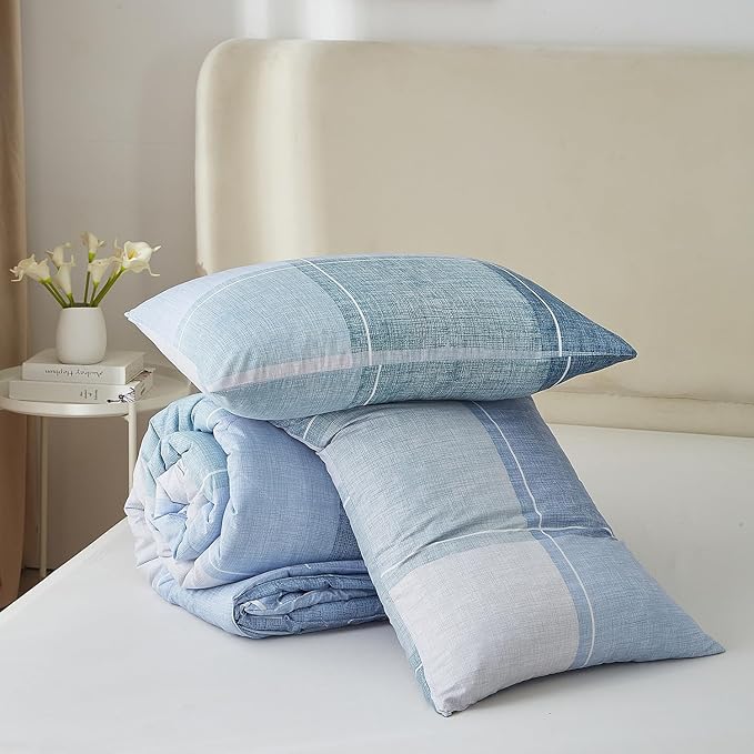 mixinni Blue Gingham Comforter Set Queen, Plaid Comforter Set 3 Pieces 1 Blue Grid Comfoter with 2 Pillow Cases for All Seasons, Soft Fluffy Modern Grid Pattern Printed Bedding-Queen Size