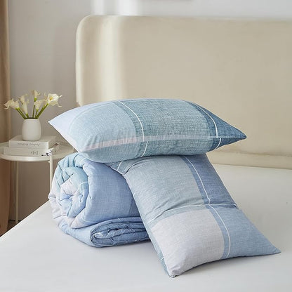 mixinni Blue Gingham Comforter Set Queen, Plaid Comforter Set 3 Pieces 1 Blue Grid Comfoter with 2 Pillow Cases for All Seasons, Soft Fluffy Modern Grid Pattern Printed Bedding-Queen Size