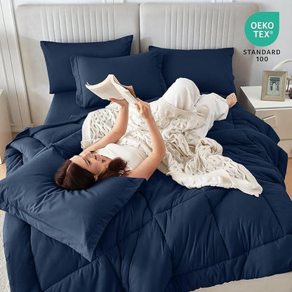 Sasttie King Size Comforter Set, 7 Pieces Bed in a Bag King, Complete Bedding Set Includes Comforter, Flat Sheet, Fitted Sheet, Pillowcases and Pillow Shams, Navy