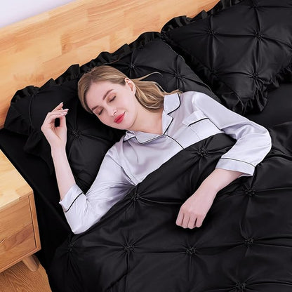JOLLYVOGUE Black Full Size Comforter Sets 7 Pieces, Pintuck Bed in a Bag Comforter Set for Bedroom, Bedding Comforter Sets with Comforter, Sheets,Ruffled Shams & Pillowcases