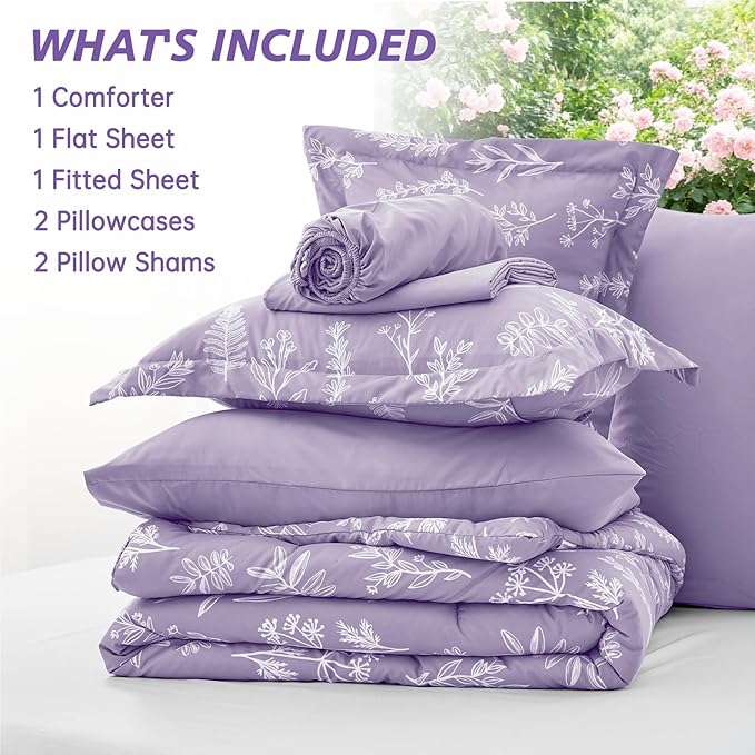 MUXHOMO Lavender Purple Bed in a Bag King 7 Pieces, King Comforter Set Reversible Botanical Flowers Design, Ultra Soft & Breathable Bedding Sets with Comforter, Sheets, Pillowcases & Shams