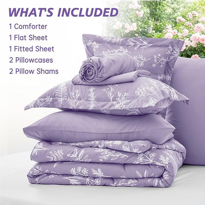 MUXHOMO Lavender Purple Bed in a Bag King 7 Pieces, King Comforter Set Reversible Botanical Flowers Design, Ultra Soft & Breathable Bedding Sets with Comforter, Sheets, Pillowcases & Shams
