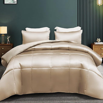 Whale Flotilla 3-Piece Reversible Silky Soft Queen Comforter Bedding Set, Luxurious Satin Comforters Full Size with 2 Satin Pillowcases, Lightweight Duvet for All Seasons, Champagne