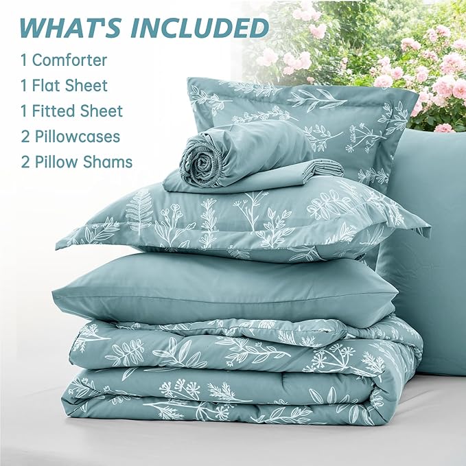 MUXHOMO Blue Full Comforter Set, Elegant Floral Print Bed in a Bag 7 Pieces, Ultra Soft & Breathable Reversible Botanical Pattern Bedding Set with Comforter, Sheets, Pillowcases, and Shams