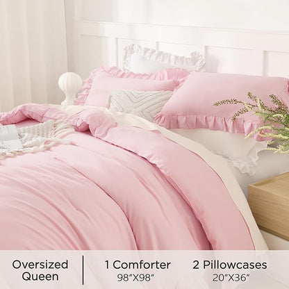 Andency Pink Ruffle Comforter Oversized Queen(98x98Inch), 3 Pieces(1 Ruffled Comforter and 2 Pillowcases) Solid Farmhouse Shabby Chic Bed, Vintage Rustic Soft Microfiber Bedding Set