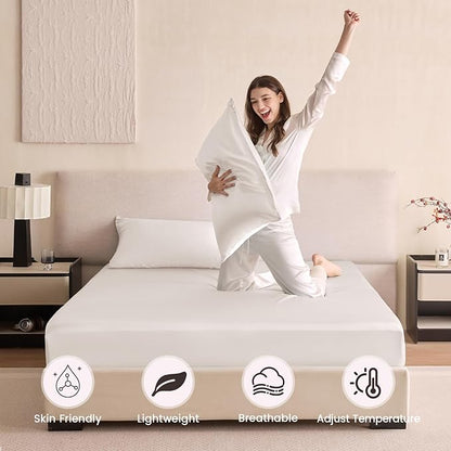 THXSILK 6A+ Top Grade 100% Pure Mulberry Silk Cal. King Fitted Sheet 3Pcs Set Bed Sheets Luxury Bedding for Hair and Skin Cooling Soft Durable, 1 Fitted Sheet with 2 Pillowcases, Pearl White