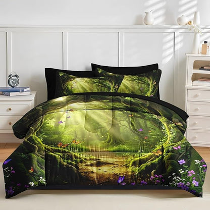 Nesker 5 Pcs Spring Comforter Set Twin Size, Green Forest Path Bedding Set for Kids and Adults, Magical Butterfly Nature Bed Sheet Sets with Fitted Sheet Pillowcase & Sham
