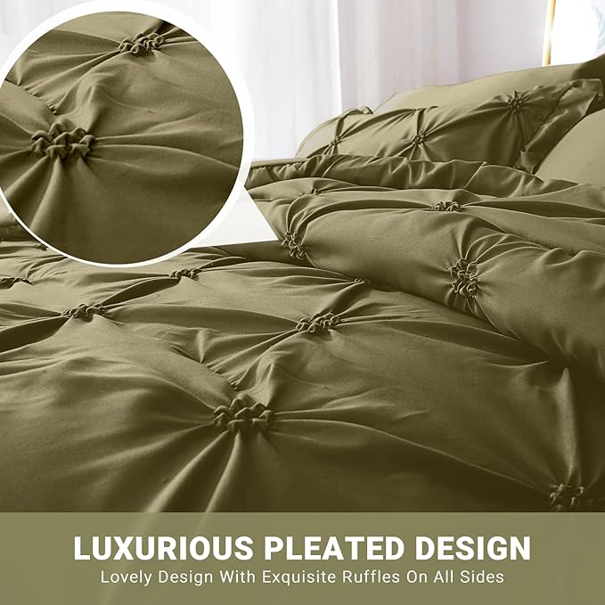 JOLLYVOGUE Olive Green Full Size Comforter Sets 7 Pieces, Pintuck Bed in a Bag Comforter Set for Bedroom, Bedding Comforter Sets with Comforter, Sheets, Ruffled Shams & Pillowcases