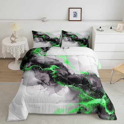Black and Green Marble King Comforter Set 7-Piece Modern Marbling Bedding Comforter Sets, Mountain Fluid Bed in a Bag Grey Aesthetic Bedding Set, Abstract Art Bed Sheets Set Boys Girls Room Decor