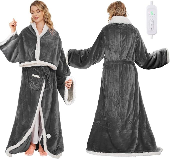 Portable Heated Blanket - Wearable Heated Blanket Throw with Foot Pockets, Sleeves Flannel Sherpa Wearable Blanket 8 Heating Levels & Timer Snuggle Blankets for Home Office - Heated Robe 50*70"