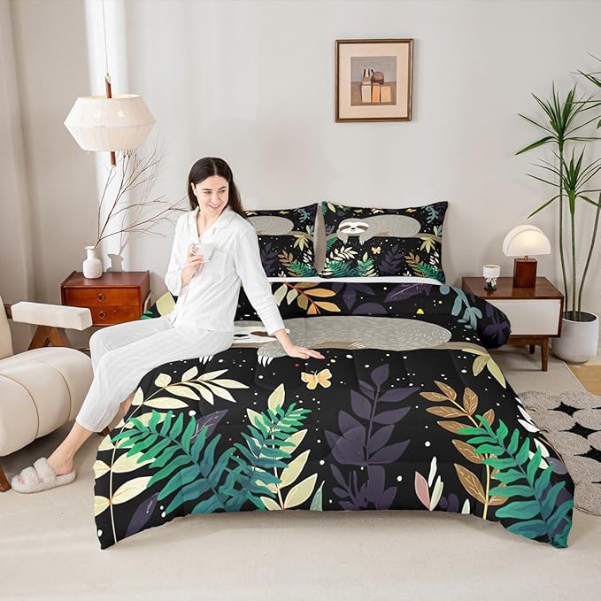 Feelyou Sloth Comforter Cute Sloth Bedding Set Toddler Size for Kids Boys Girls Galaxy Butterfly Comforter Set Botanical Leaves Inner Fill Duvet Set 1 Comforter Set with 1 Pillowcase