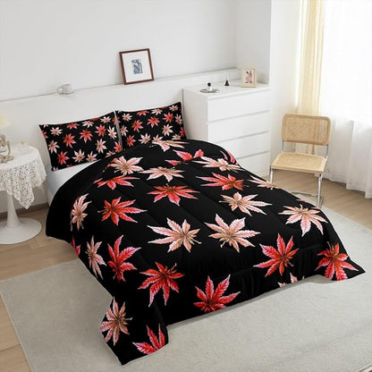 Erosebridal Red Leaves Comforter Set King, Leaves Bedding for Women Adults,Tropical Botanical Bedding Comforter Sets,Exotic Plant Down Comforter with 2 Pillow Cases