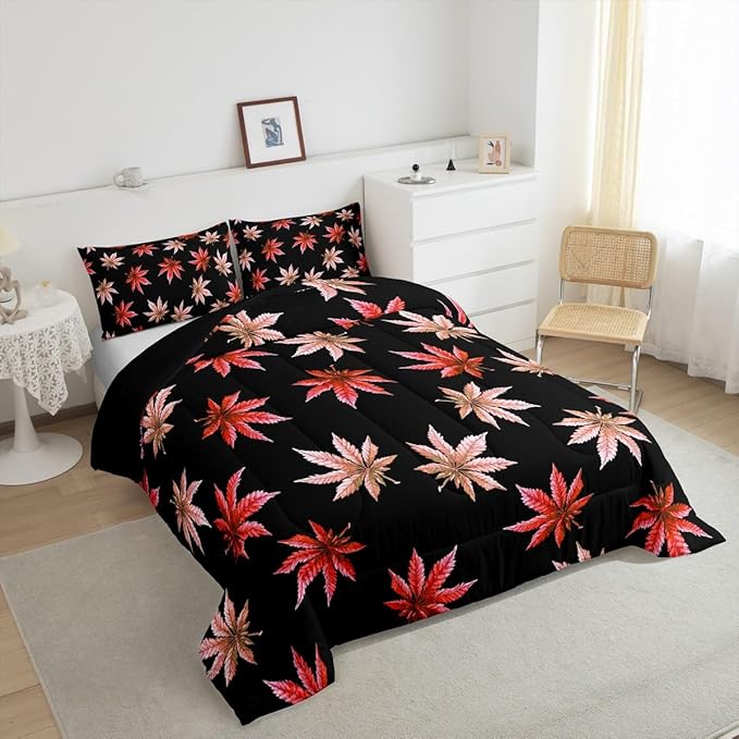 Erosebridal Red Leaves Comforter Set Toddler, Leaves Bedding for Women Adults,Tropical Botanical Bedding Comforter Sets,Exotic Plant Down Comforter with 1 Pillow Case