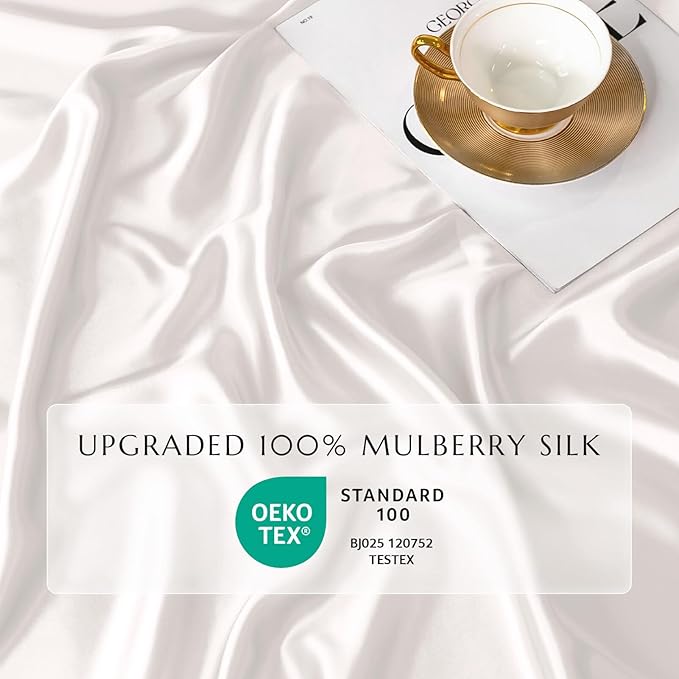 THXSILK 100% Mulberry Silk Fitted Sheet Set, 7A+ Silk 3 Pieces Bed Sheets, Breathable, Smooth, 16 Inch Deep Pocket Fitted Sheet, 2 Pillowcases - White, California King