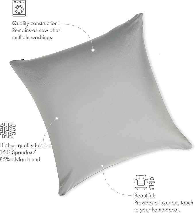 PILLOWY 18"x18" Throw Pillowcases (Cover Only) - 85/15 Nylon, Spandex - Luxurious, Silky, Stretchy & Soft - 1Pcs Solid Color - A Perfect Choice for Couch Chairs Sofa Bed Adult/Kids Bedroom, Light Grey