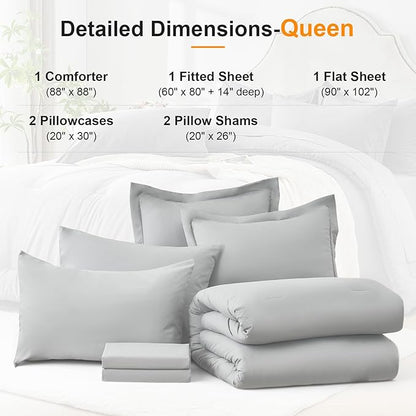 Queen Comforter Set 7 Piece - Soft Bed in a Bag Queen Size Comforter Sets, Cozy Luxury Bedding Sets with All Season Comforter, Flat Sheet, Fitted Sheet,2 Pillowcases & 2 Shams, Light Gray
