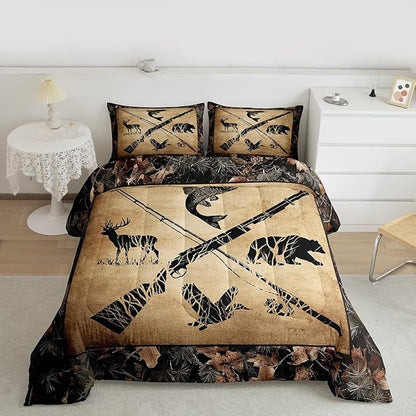 Erosebridal Hunting and Fishing Comforter Set Queen Tree Branch Camo Bedding Set for Kids Boys Teen Men,Woodland Wildlife Bass Fish Duck Bear Deer Bed Comforter Set Rustic Farmhouse Cabin Quilt Set
