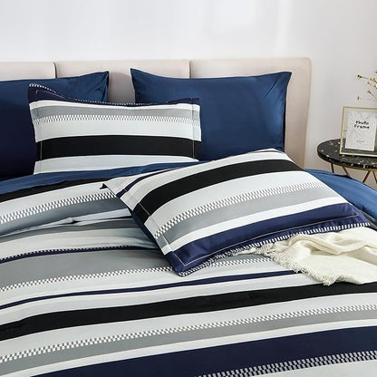 WONGS BEDDING Comforter California King Size, Navy Blue Striped Cal King Comforter Set, 7 Pieces Bed in a Bag Soft Bedding Set with Comforter, Flat Sheet, Fitted Sheet, Pillow Shams, Pillowcase